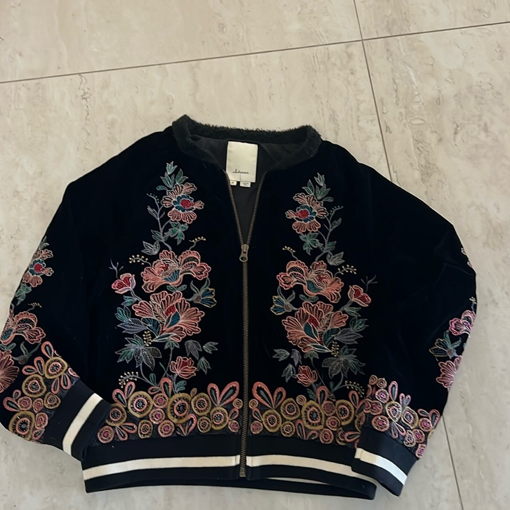 Elevens black velvet zipper bomber jacket with beaded embroidery, beautiful